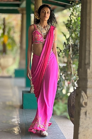 Hot PInk Tussar & Chiffon Pre-Draped Saree Set by Basil Leaf