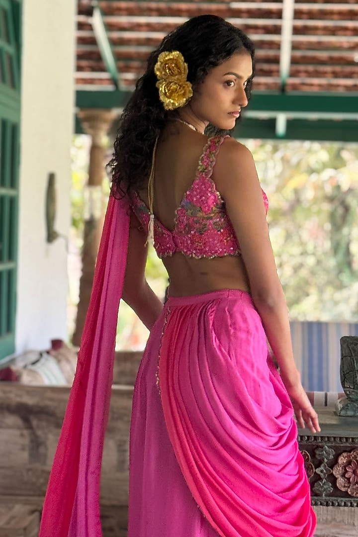 Hot PInk Tussar & Chiffon Pre-Draped Wedding Saree Set by Basil Leaf at Pernia's Pop Up Shop