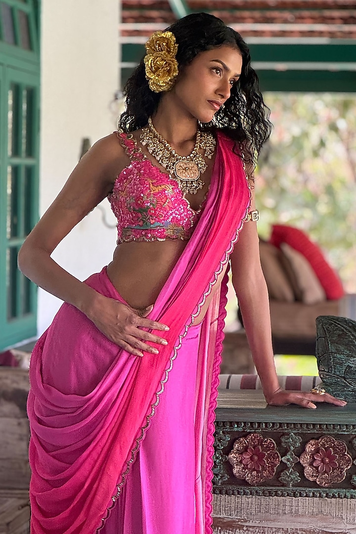 Hot PInk Tussar & Chiffon Pre-Draped Wedding Saree Set by Basil Leaf at Pernia's Pop Up Shop