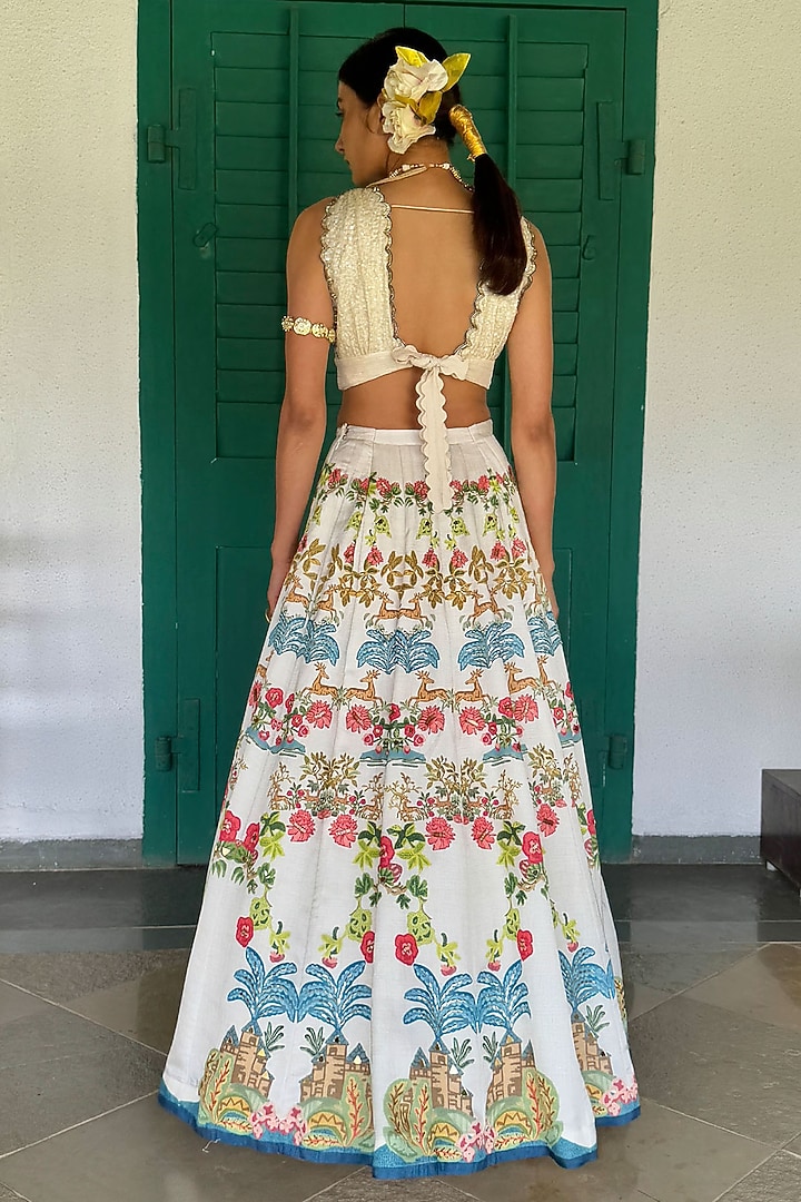 Off-White Linen Satin & Organza Printed Wedding Lehenga Set by Basil Leaf at Pernia's Pop Up Shop