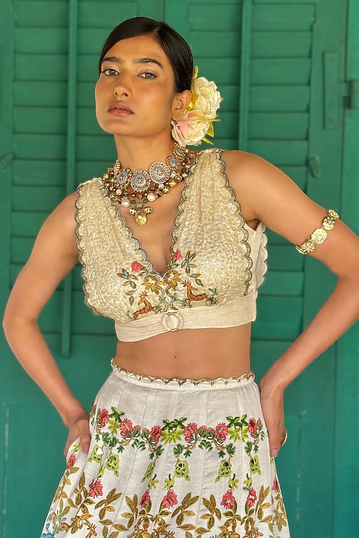 Off-White Linen Satin & Organza Printed Wedding Lehenga Set by Basil Leaf at Pernia's Pop Up Shop