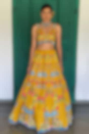 Mustard Linen Satin & Organza Printed Wedding Lehenga Set by Basil Leaf at Pernia's Pop Up Shop