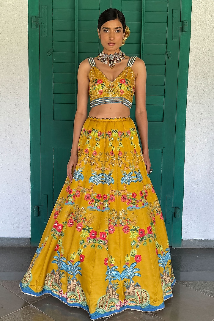 Mustard Linen Satin & Organza Printed Wedding Lehenga Set by Basil Leaf at Pernia's Pop Up Shop