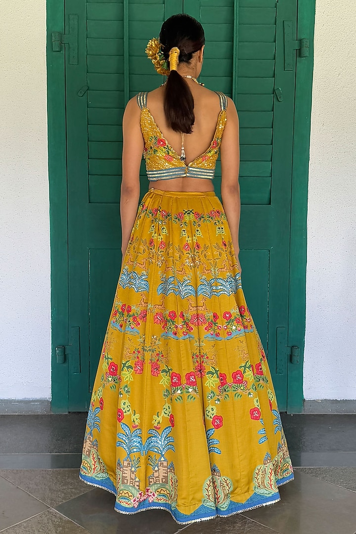 Mustard Linen Satin & Organza Printed Wedding Lehenga Set by Basil Leaf at Pernia's Pop Up Shop