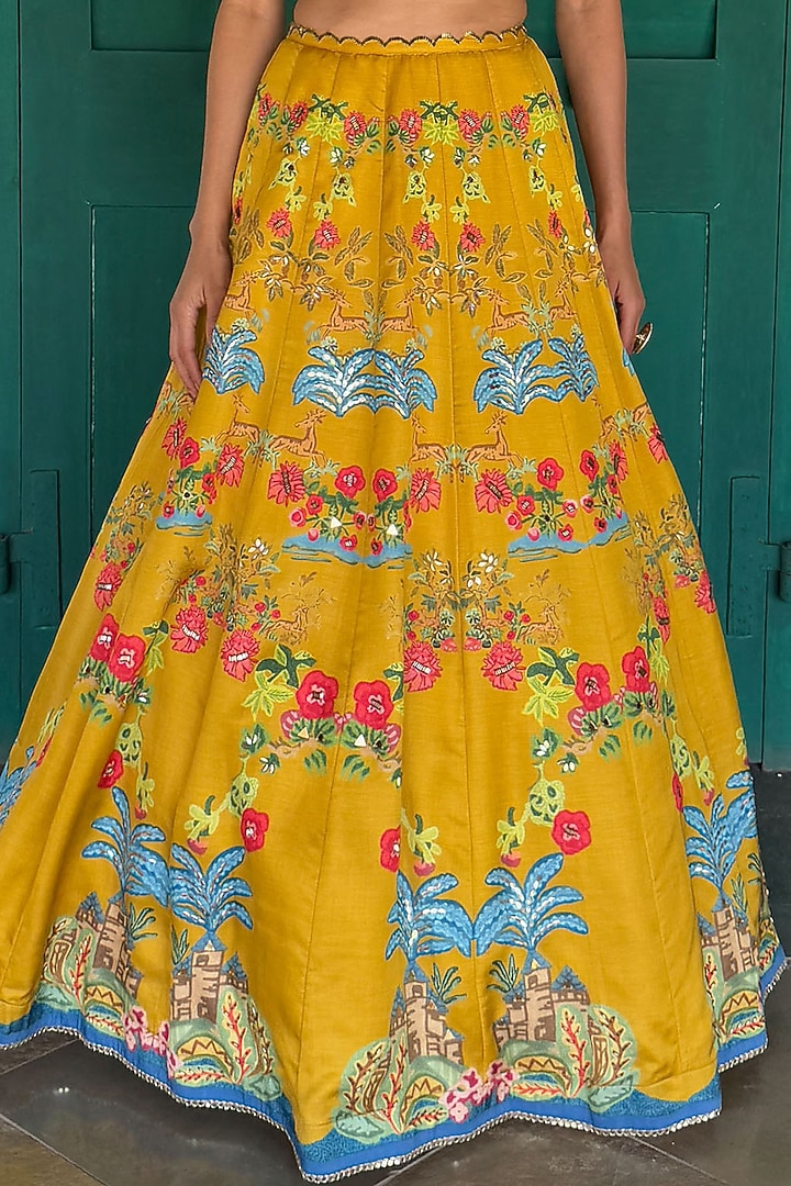Mustard Linen Satin & Organza Printed Wedding Lehenga Set by Basil Leaf at Pernia's Pop Up Shop