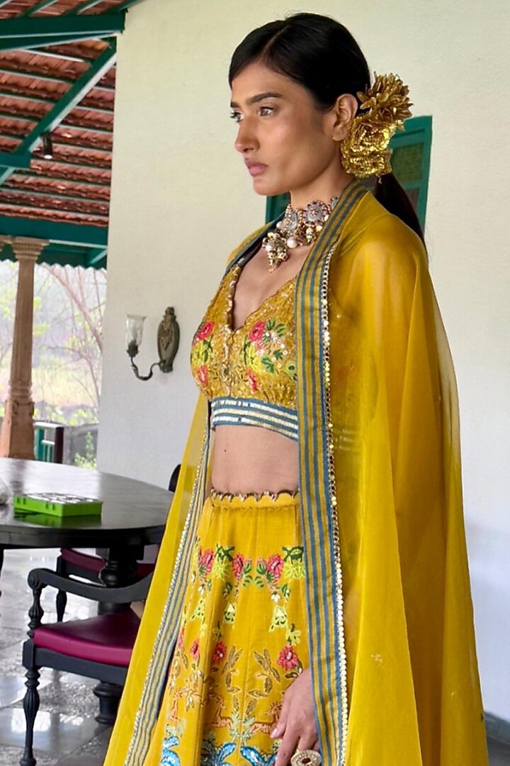 Mustard Linen Satin & Organza Printed Wedding Lehenga Set by Basil Leaf at Pernia's Pop Up Shop
