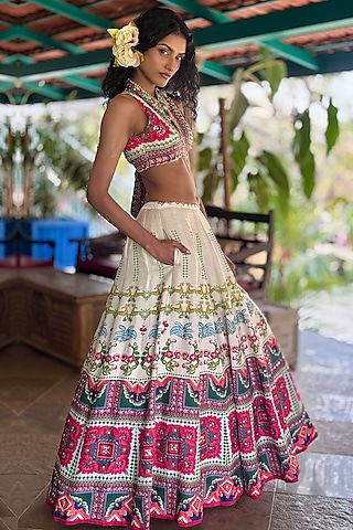 Off-White Linen Satin & Organza Lehenga Set by Basil Leaf
