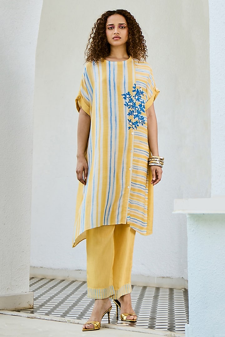 Yellow Linen Silk Printed Co-Ord Set by Basil Leaf at Pernia's Pop Up Shop