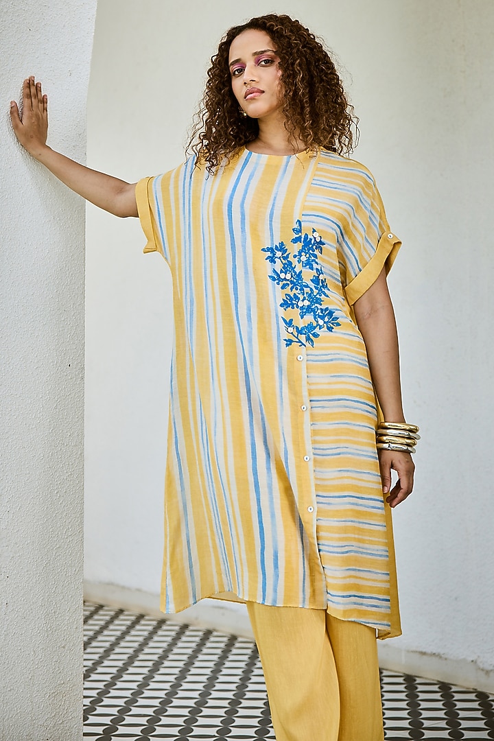 Yellow Linen Silk Printed Co-Ord Set by Basil Leaf at Pernia's Pop Up Shop