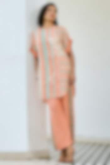 Peach Linen Silk Printed Co-Ord Set by Basil Leaf at Pernia's Pop Up Shop