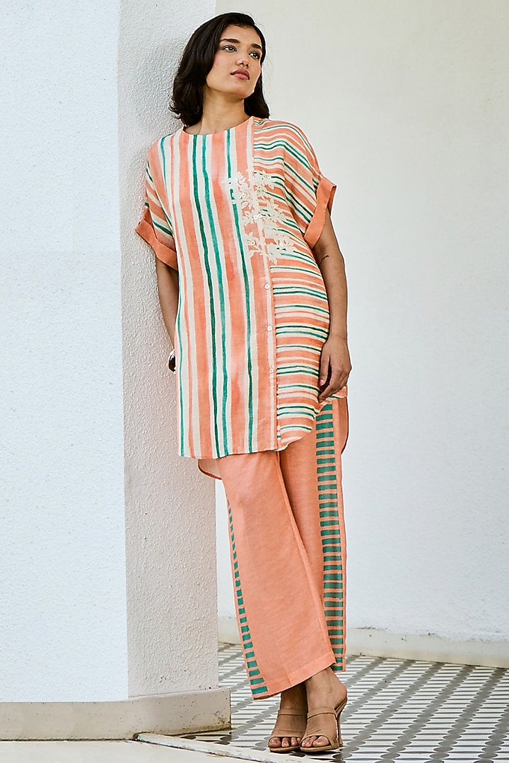 Peach Linen Silk Printed Co-Ord Set by Basil Leaf at Pernia's Pop Up Shop