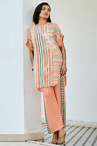 Peach Linen Silk Printed Co-Ord Set by Basil Leaf