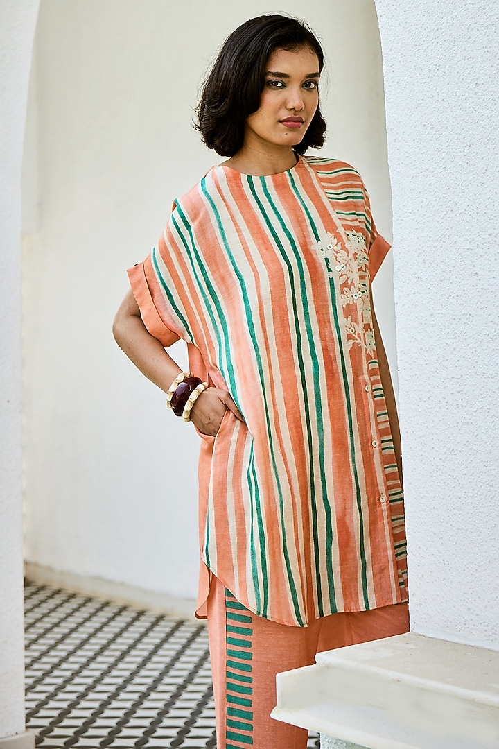 Peach Linen Silk Printed Co-Ord Set by Basil Leaf at Pernia's Pop Up Shop