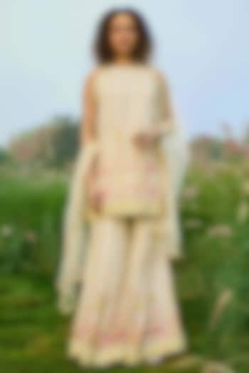 Off-White Tabby Floral Printed Party Wear Sharara Set by Basil Leaf at Pernia's Pop Up Shop