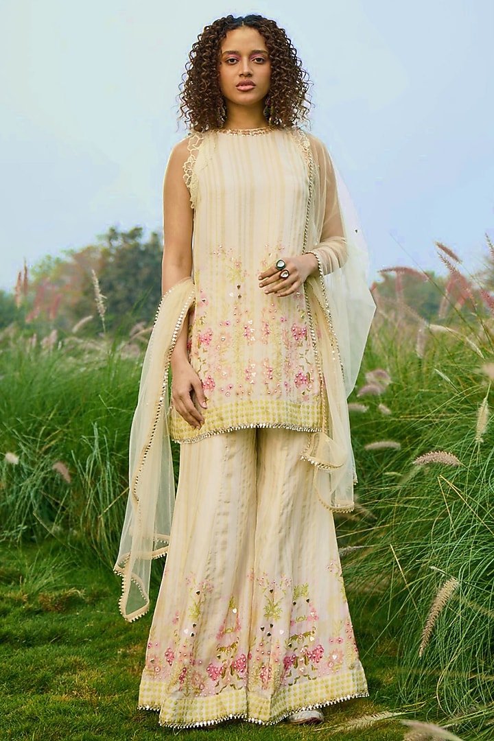 Off-White Tabby Floral Printed Party Wear Sharara Set by Basil Leaf at Pernia's Pop Up Shop