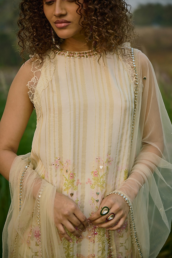 Off-White Tabby Floral Printed Party Wear Sharara Set by Basil Leaf at Pernia's Pop Up Shop