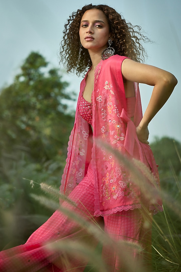 Pink Chiffon Embroidered Co-Ord Set by Basil Leaf at Pernia's Pop Up Shop