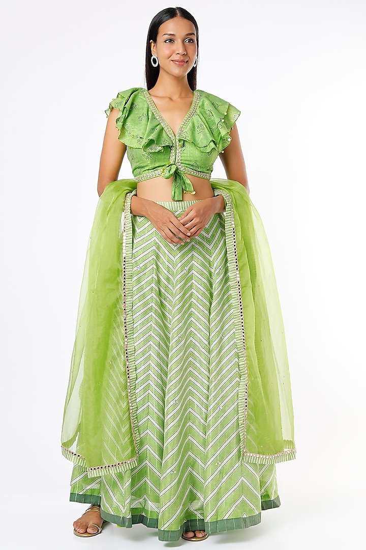 Olive Green Embroidered & Printed Lehenga Set by Basil Leaf