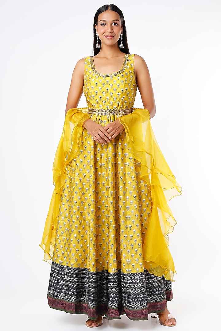 Gold Yellow Embroidered & Printed Anarkali Set by Basil Leaf