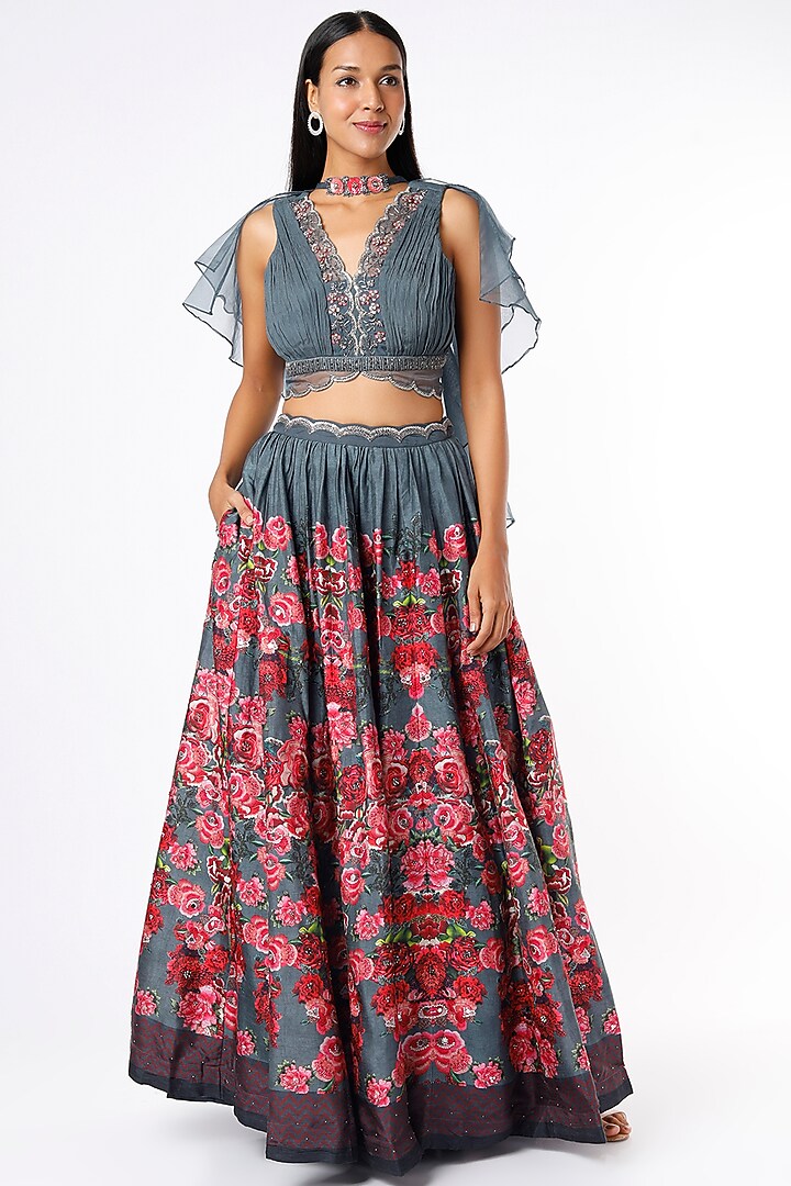 Grey Embroidered & Printed Wedding Lehenga Set by Basil Leaf at Pernia's Pop Up Shop
