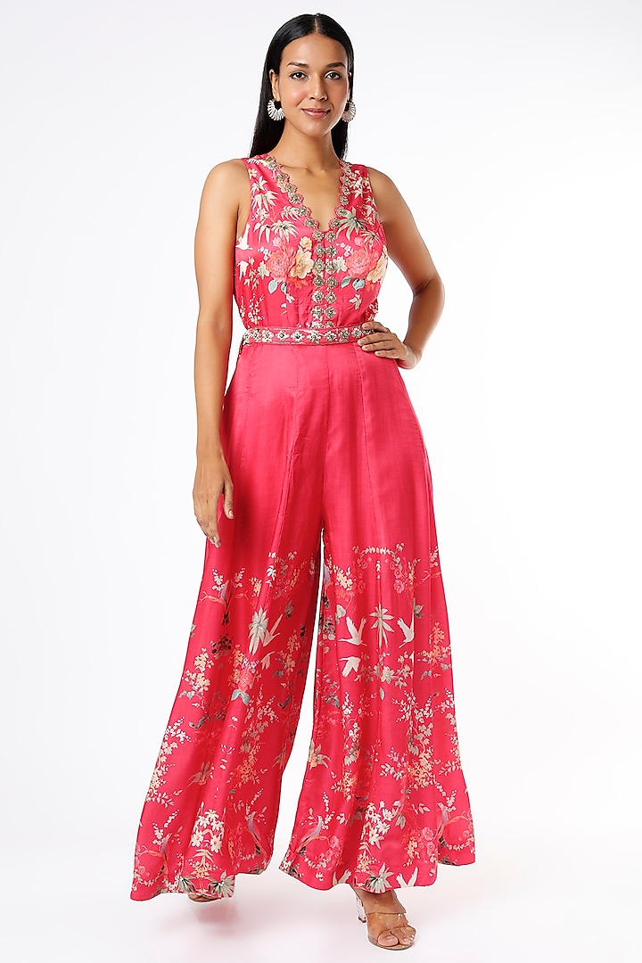 Blush Pink Hand Embroidered & Printed Jumpsuit by Basil Leaf