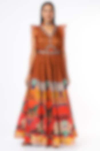 Brown Digital Embroidered & Printed Gown by Basil Leaf