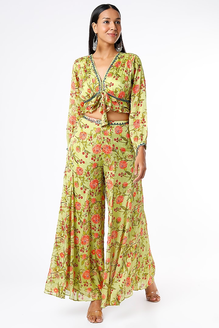 Emerald Green Embroidered & Printed Pant Set by Basil Leaf