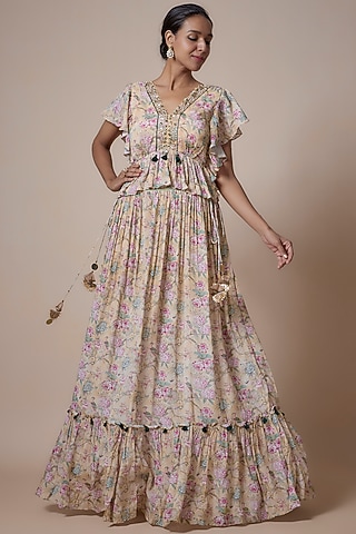 Beige Chinon Chiffon Printed Gathered Lehenga Set by Basil Leaf