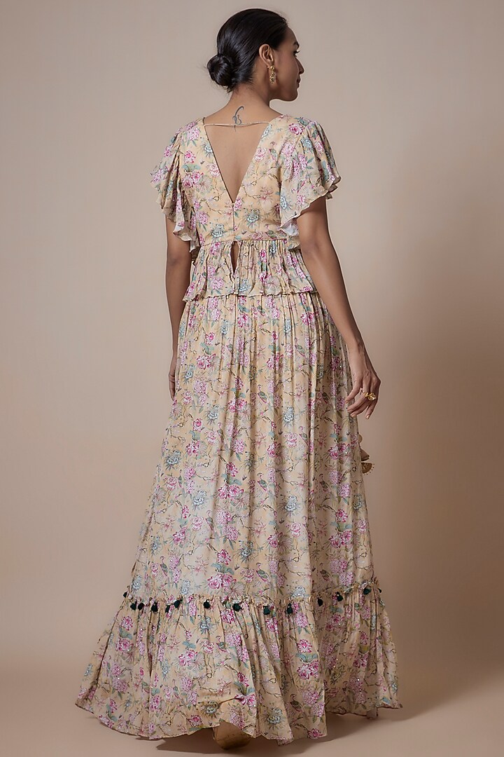 Beige Chinon Chiffon Printed Gathered Wedding Lehenga Set by Basil Leaf at Pernia's Pop Up Shop