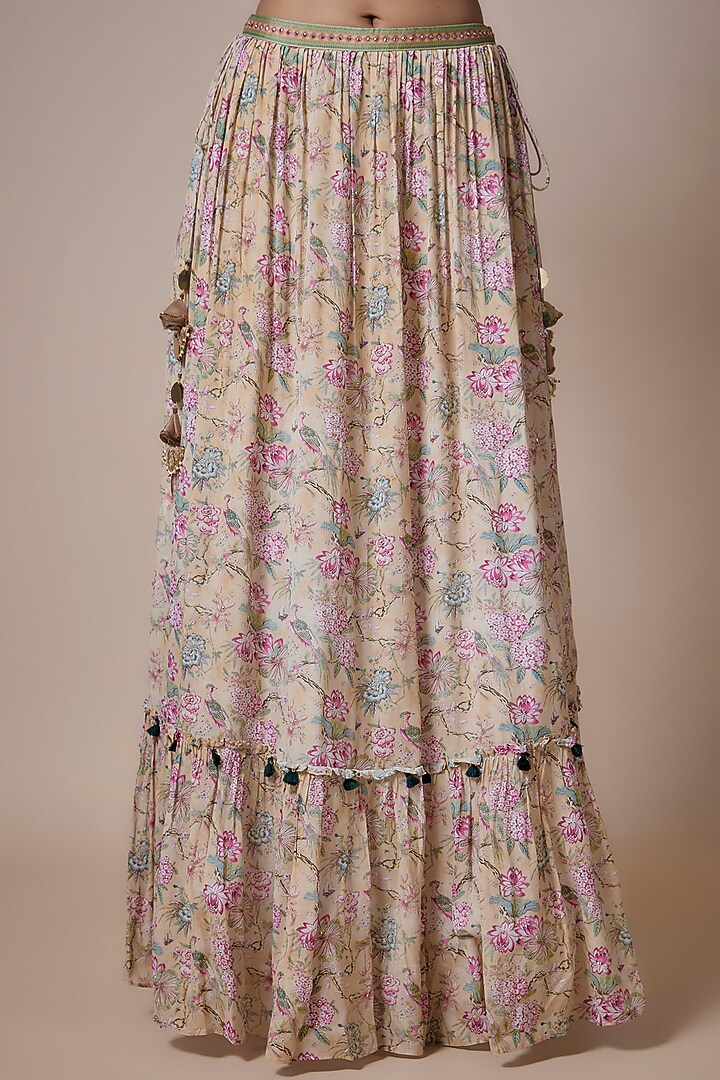 Beige Chinon Chiffon Printed Gathered Wedding Lehenga Set by Basil Leaf at Pernia's Pop Up Shop