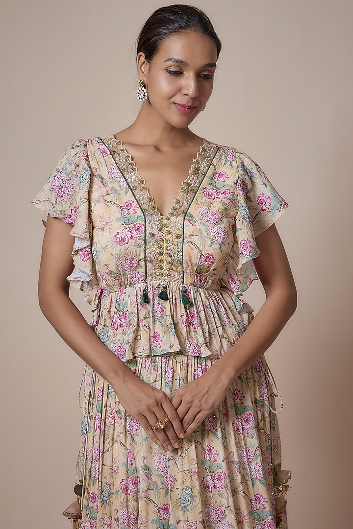 Beige Chinon Chiffon Printed Gathered Wedding Lehenga Set by Basil Leaf at Pernia's Pop Up Shop