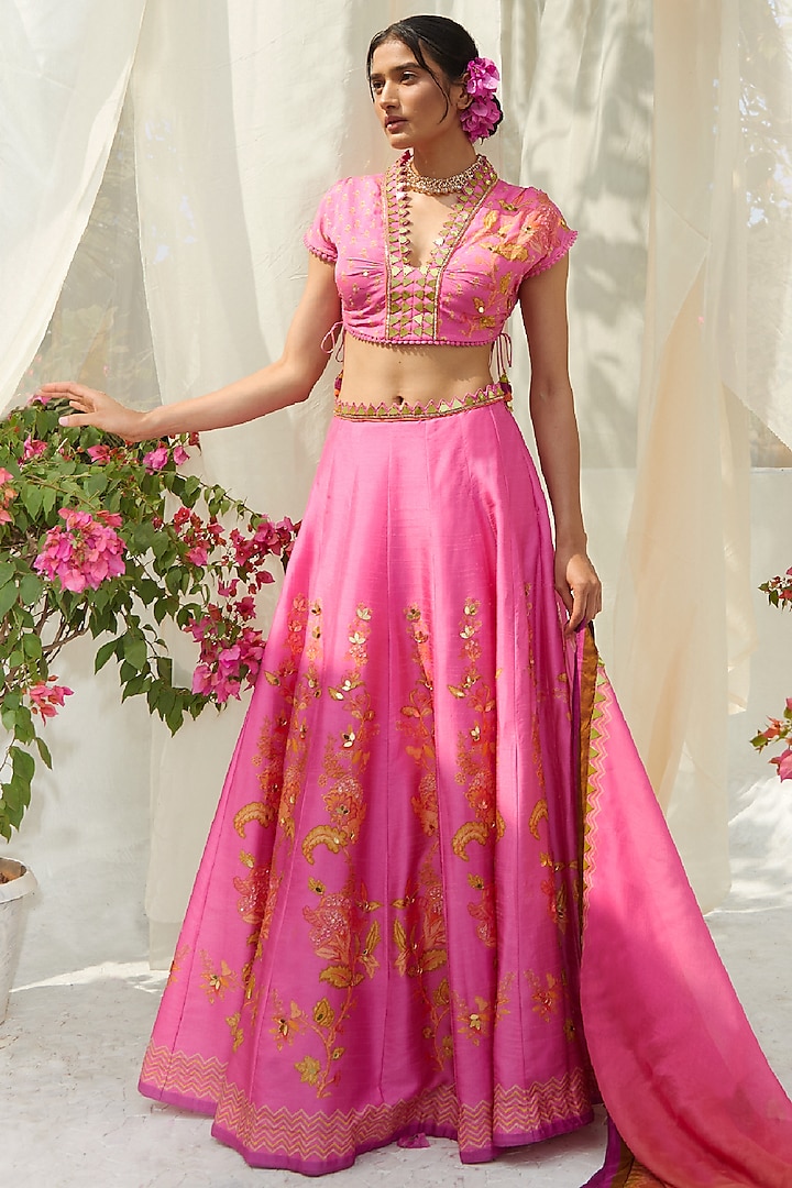 Fuchsia Pink Tissue Silk Wedding Lehenga Set by Basil Leaf at Pernia's Pop Up Shop