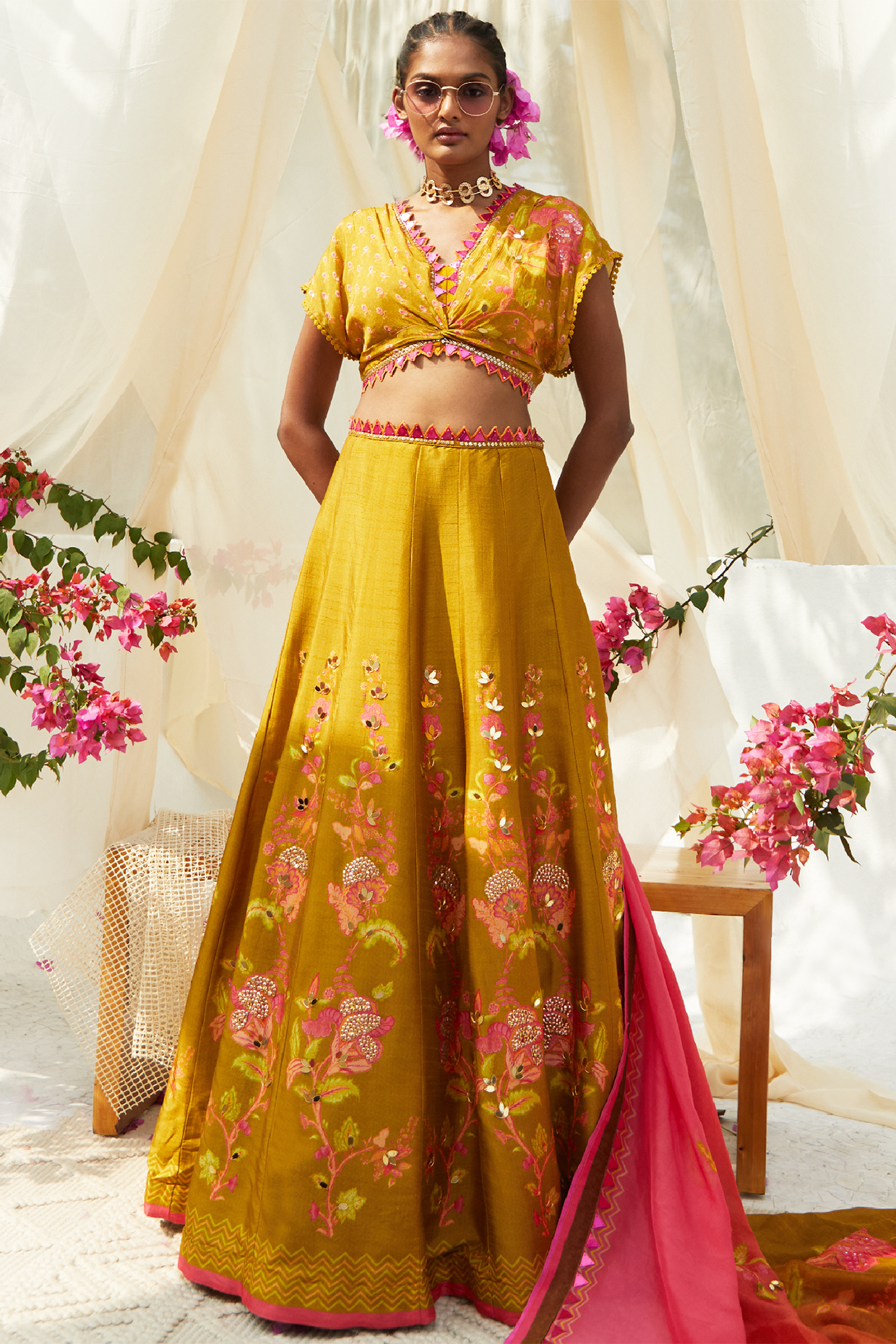 Mehendi Green Tussar Silk Embellished  dulhan bday 22 may Lehenga Set by Basil Leaf at Pernia's Pop Up Shop