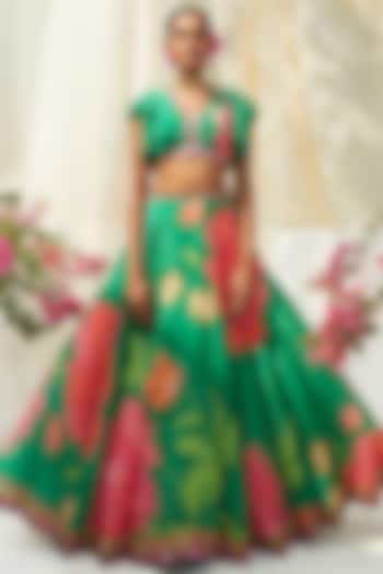 Green Natural Crepe Printed  dulhan bday 22 may Lehenga Set by Basil Leaf at Pernia's Pop Up Shop