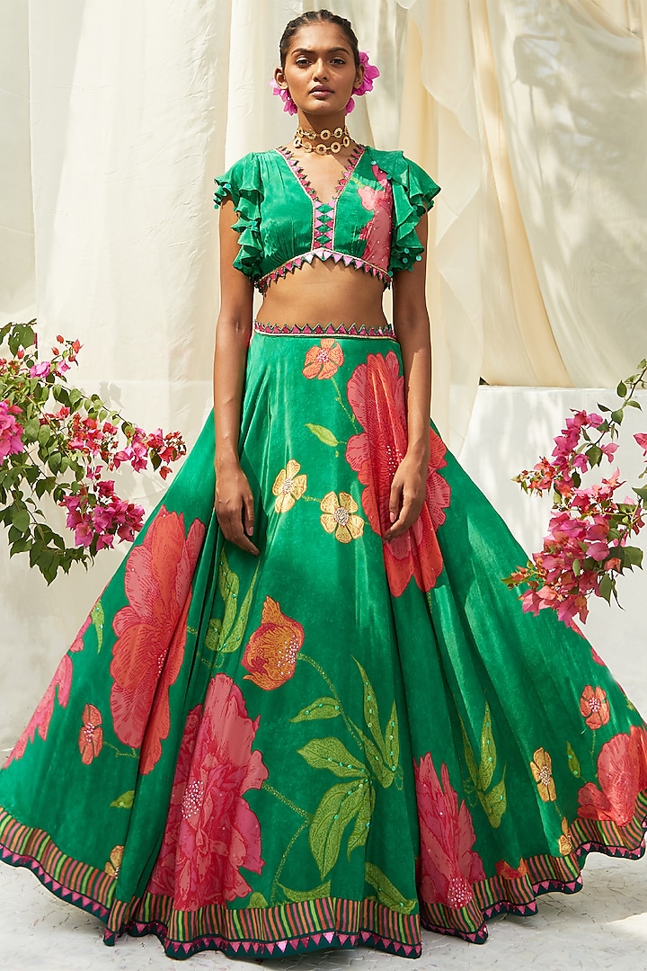 Green Natural Crepe Printed  dulhan bday 22 may Lehenga Set by Basil Leaf at Pernia's Pop Up Shop