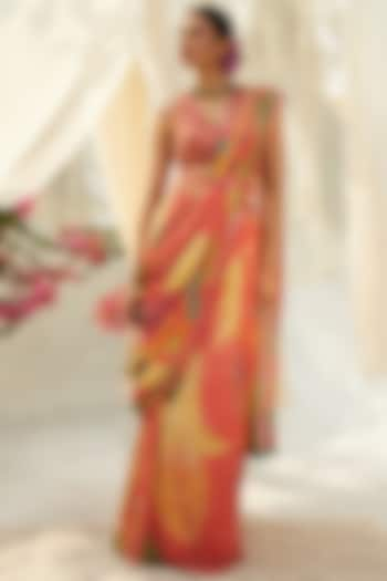 Peach Chinon Chiffon Printed Pre-Draped Saree Set by Basil Leaf at Pernia's Pop Up Shop