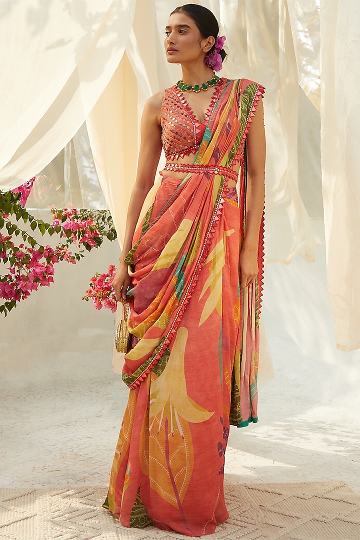 Peach Chinon Chiffon Printed Pre-Draped Saree Set by Basil Leaf at Pernia's Pop Up Shop