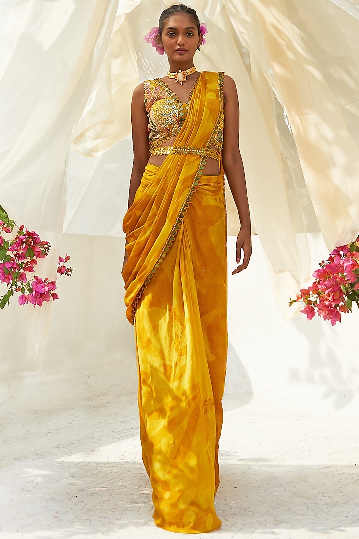 Yellow Chinon Chiffon Pre-Draped Saree Set by Basil Leaf at Pernia's Pop Up Shop