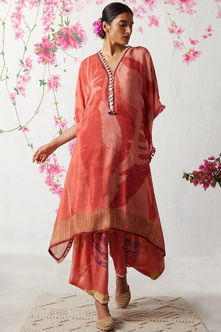 Peach Chinon Chiffon Asymmetric Kurta Set by Basil Leaf