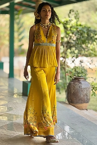 Mustard Chiffon Printed & Embroidered Co-Ord Set by Basil Leaf