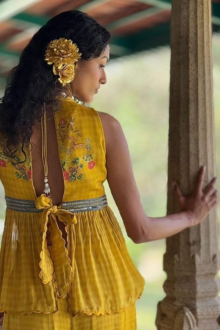 Mustard Chiffon Printed & Embroidered Co-Ord Set by Basil Leaf at Pernia's Pop Up Shop