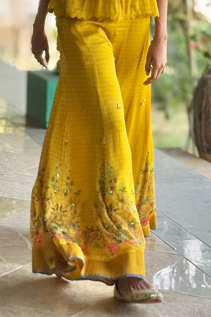 Mustard Chiffon Printed & Embroidered Co-Ord Set by Basil Leaf at Pernia's Pop Up Shop