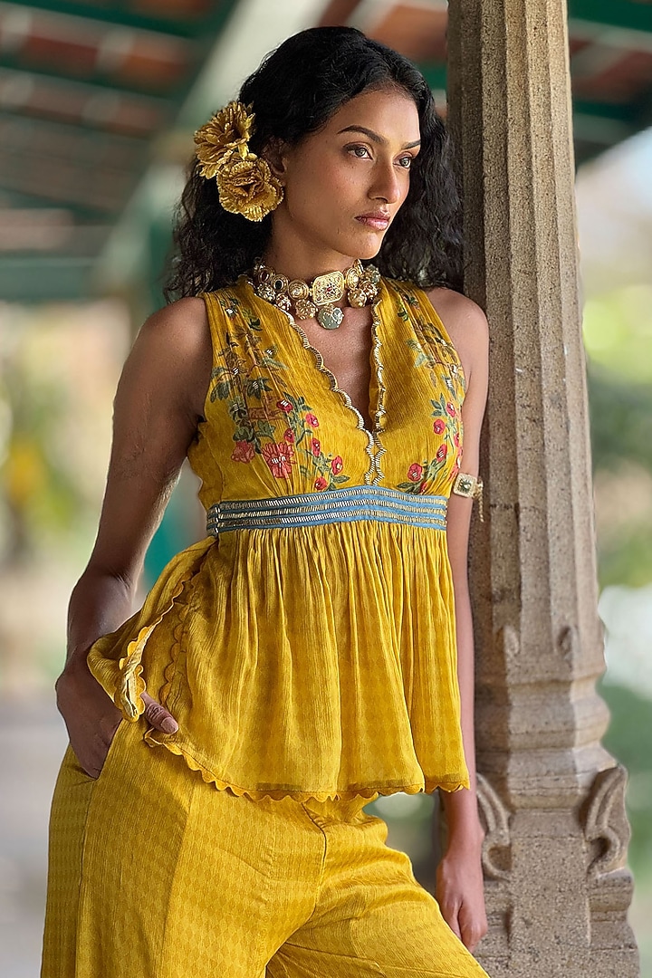 Mustard Chiffon Printed & Embroidered Co-Ord Set by Basil Leaf at Pernia's Pop Up Shop