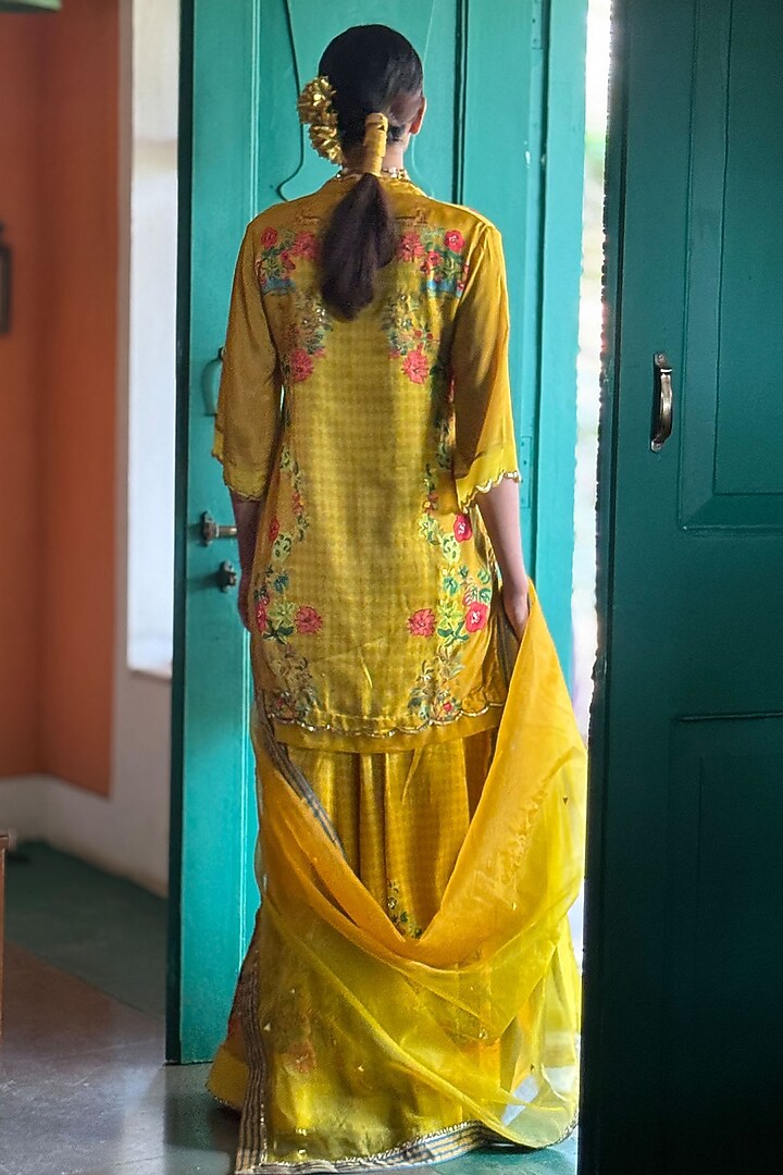 Yellow Gajji Satin & Chiffon Wedding Sharara Set by Basil Leaf at Pernia's Pop Up Shop