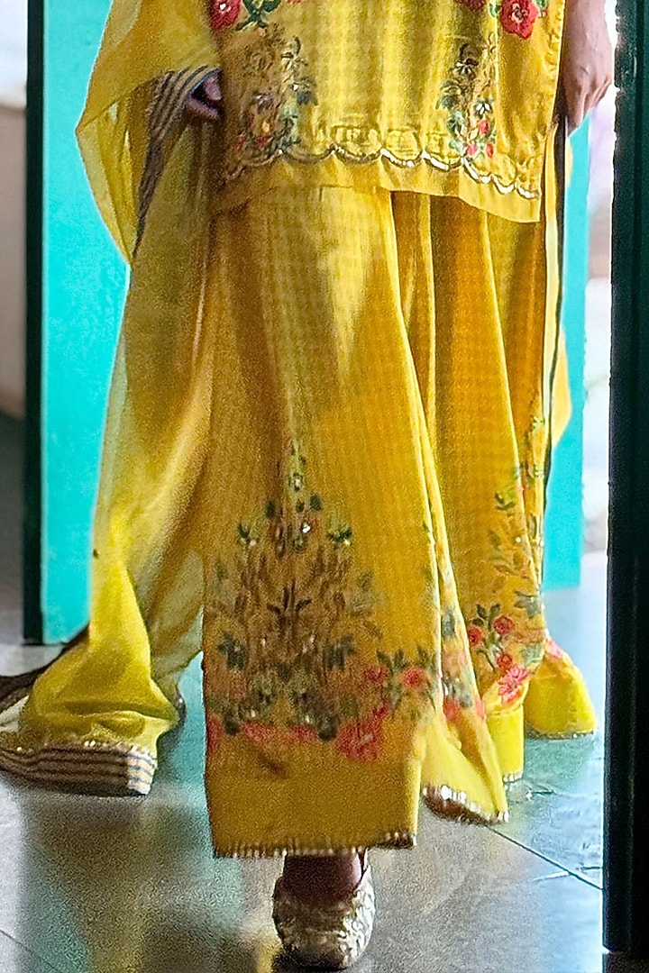 Yellow Gajji Satin & Chiffon Wedding Sharara Set by Basil Leaf at Pernia's Pop Up Shop