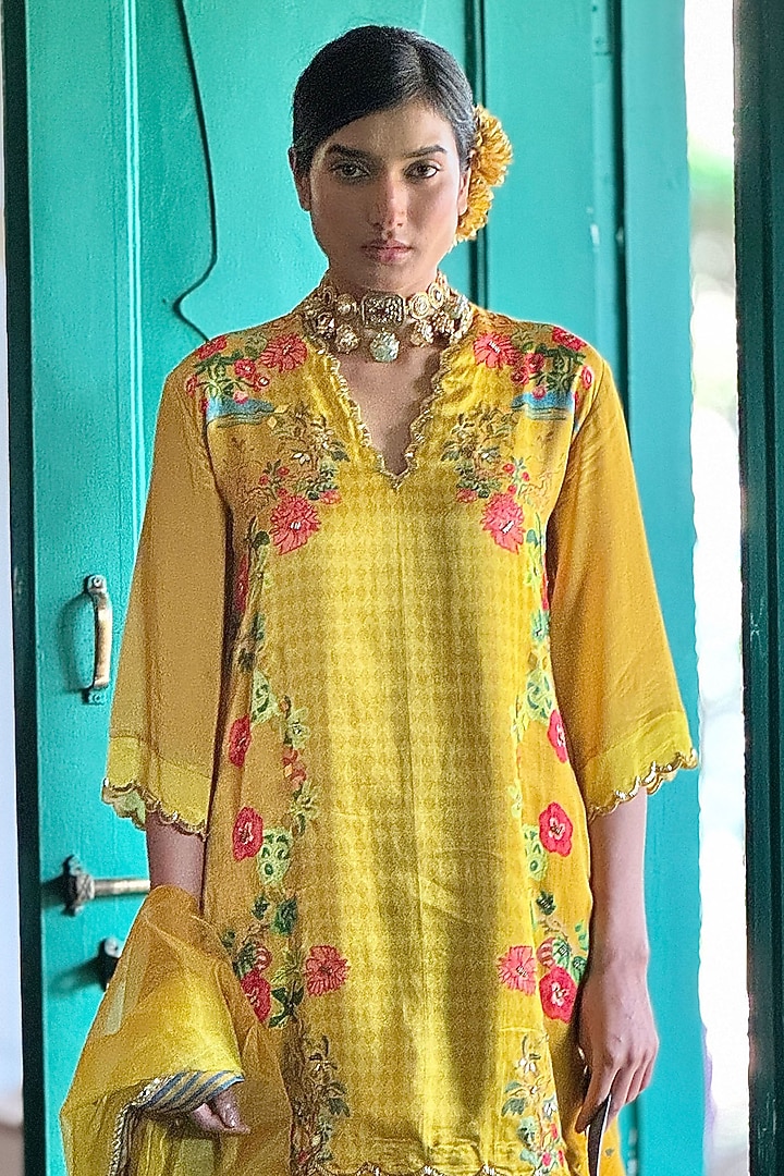 Yellow Gajji Satin & Chiffon Wedding Sharara Set by Basil Leaf at Pernia's Pop Up Shop