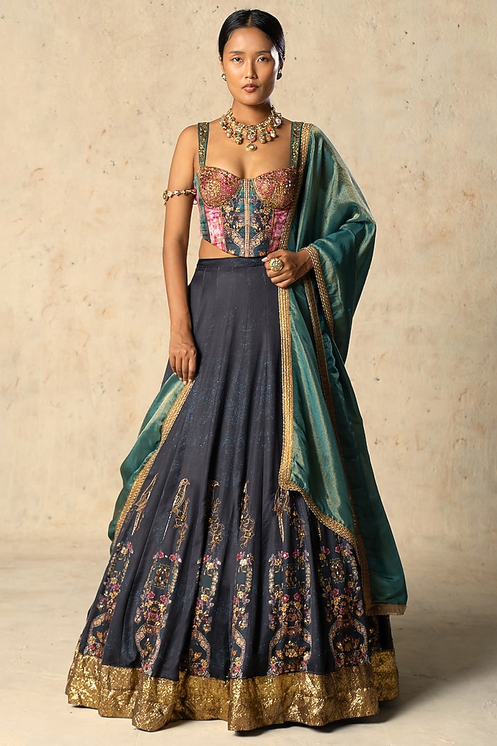 Charcoal Linen Satin Wedding Lehenga Set by Basil Leaf at Pernia's Pop Up Shop