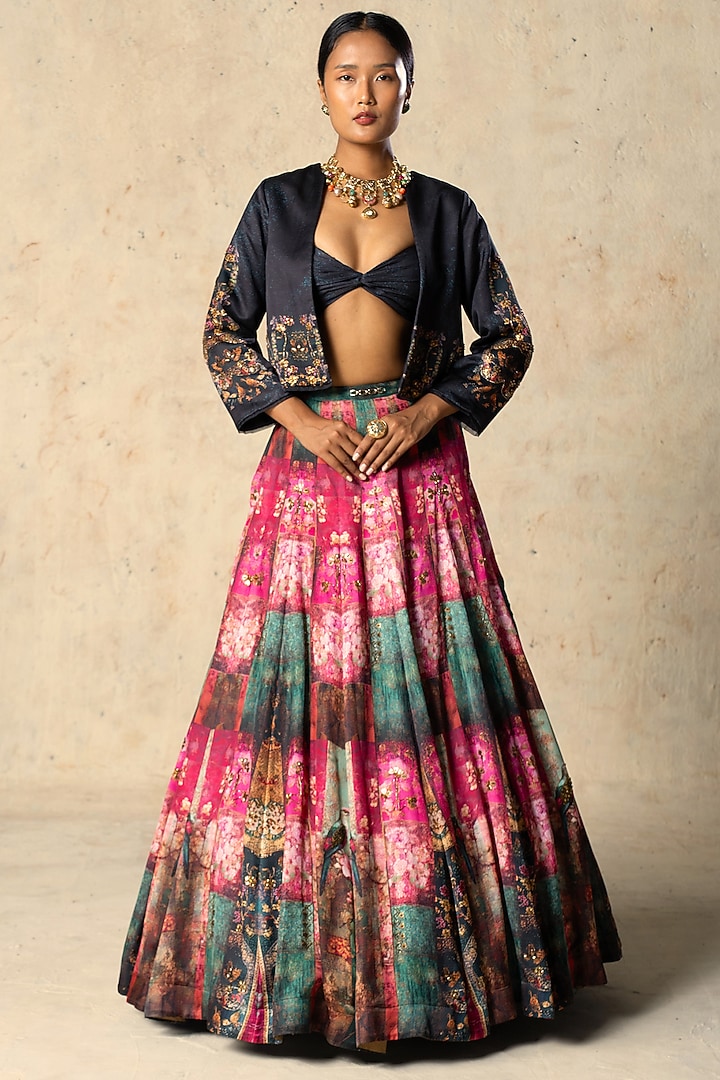 Black Linen Satin Paneled Wedding Lehenga Set by Basil Leaf at Pernia's Pop Up Shop