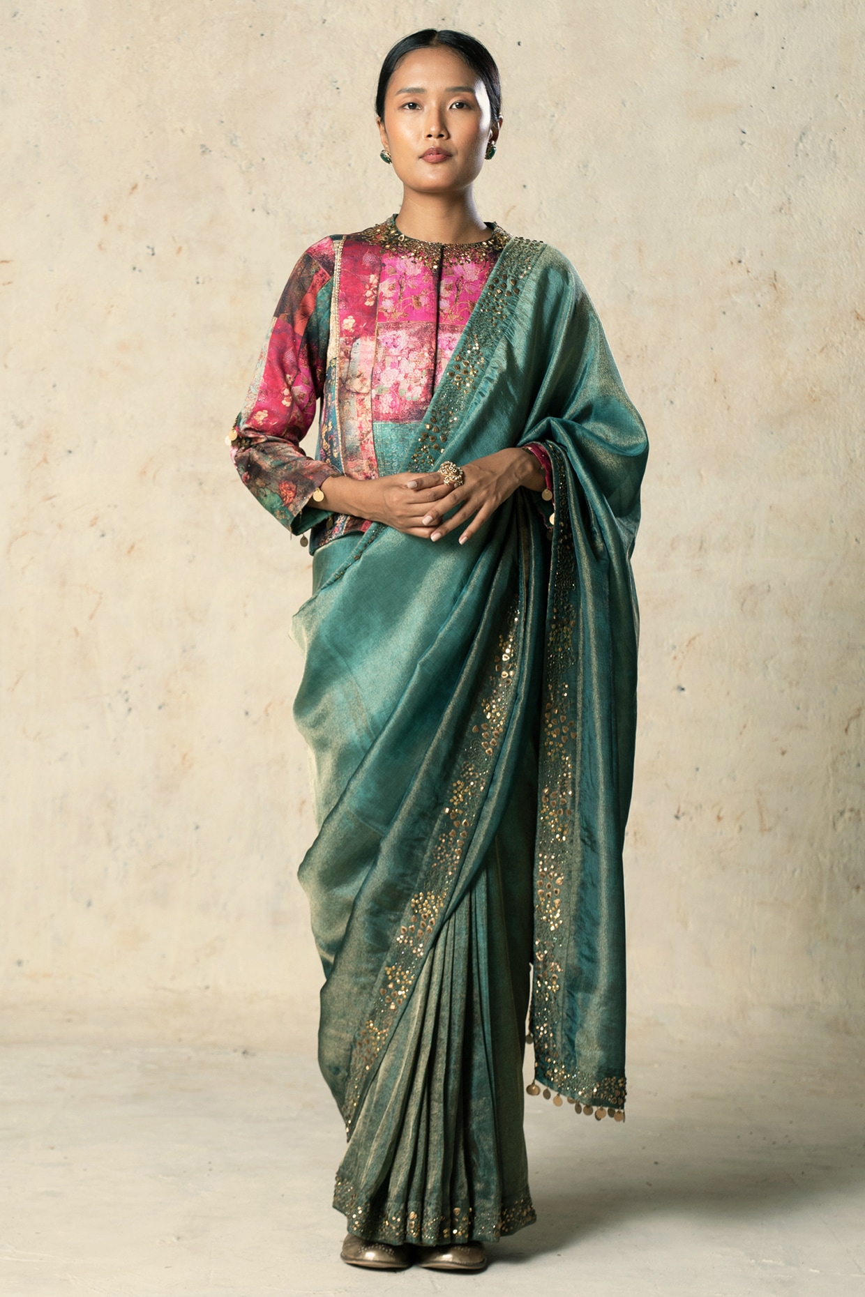 Basil Leaf Green Tissue Embroidered Saree Set