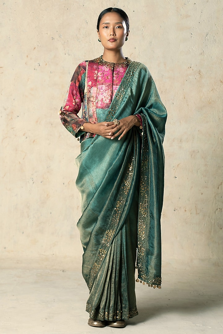 Green Tissue Embroidered Wedding Saree Set by Basil Leaf at Pernia's Pop Up Shop